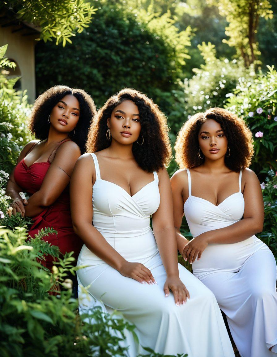 A captivating scene showcasing diverse curvy models gracefully posing in a lush outdoor setting, embodying confidence and allure. Each model is engaging in a different intimate story, with soft sunlight illuminating their features. Surround them with blooming flowers and vibrant greenery to enhance the aesthetic vibe, evoking a sense of warmth and empowerment. super-realistic. vibrant colors. soft focus.